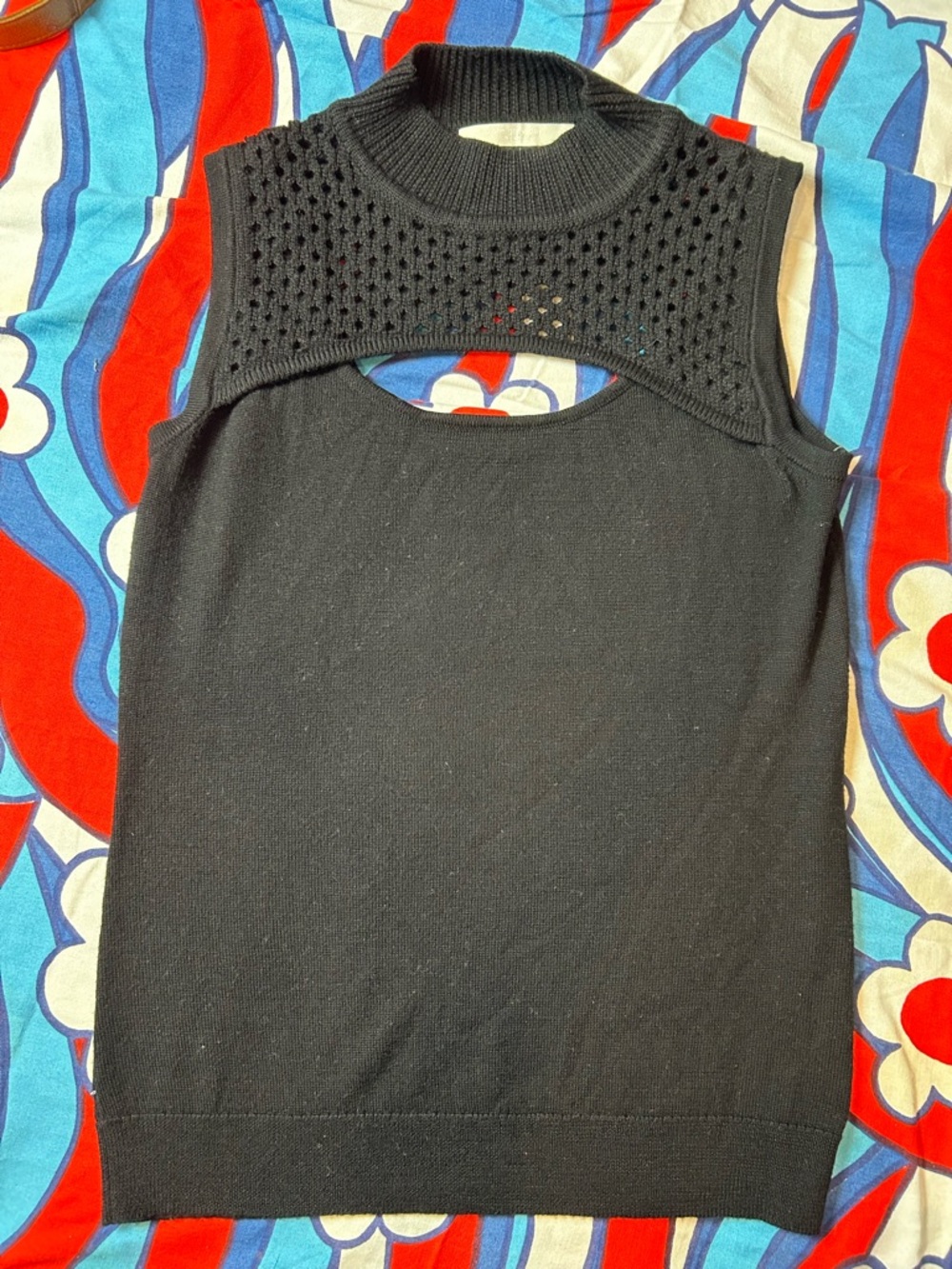 One Grey Day Sleeveless Black Knit Tank with Eyelet Cutout 100% Wool